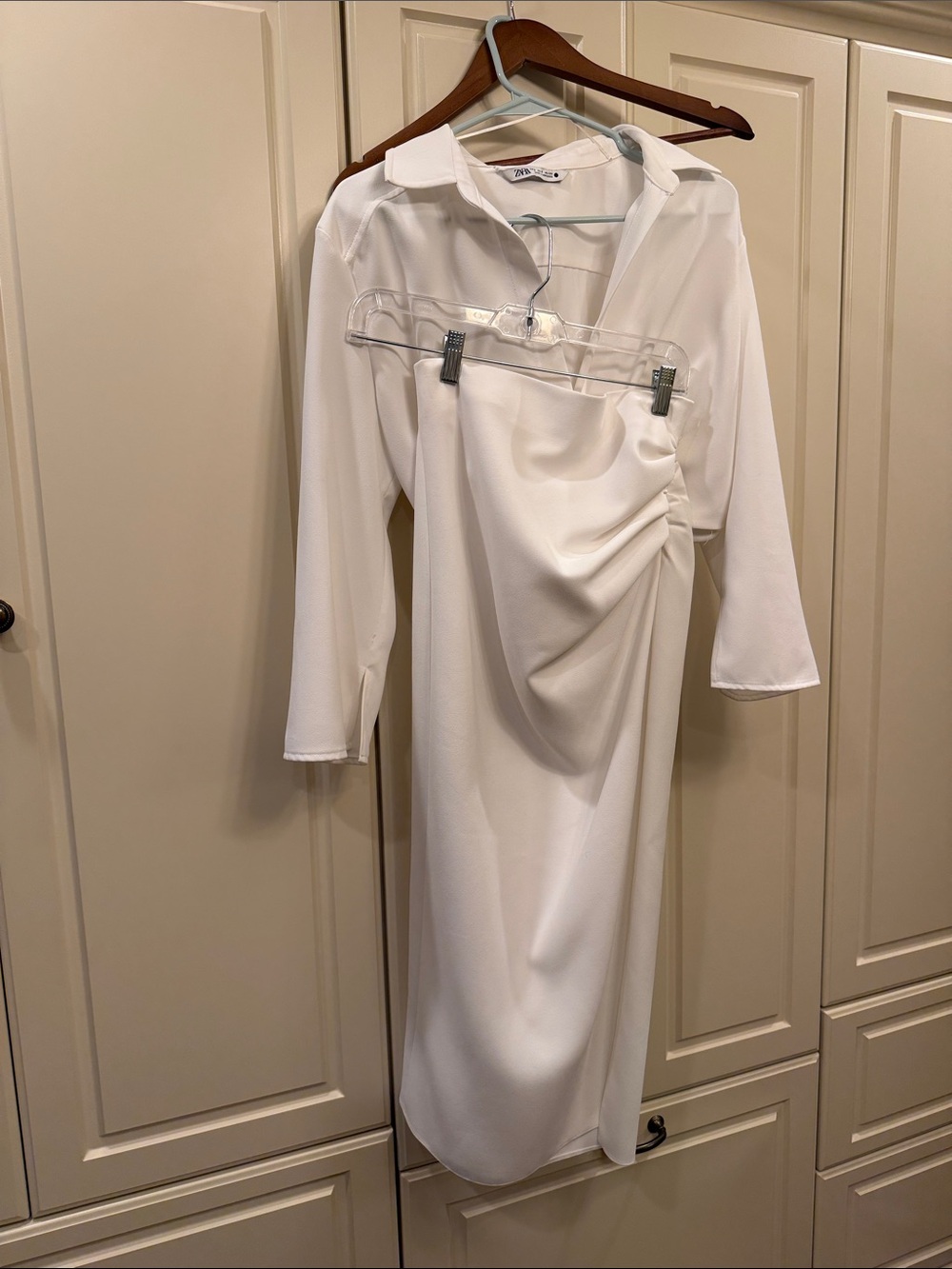 Zara White Draped Long Sleeve Midi Dress